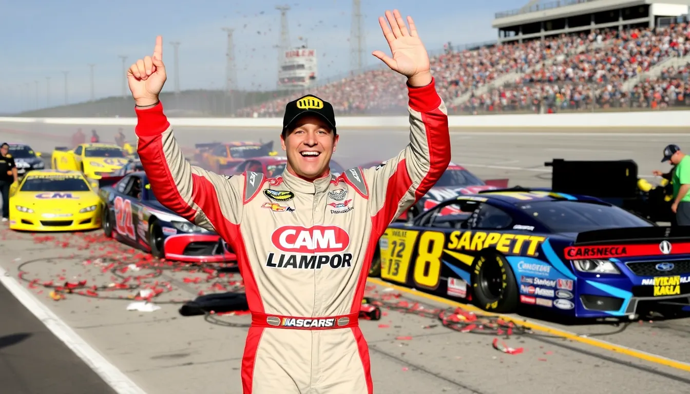NASCARオライリーシリーズでの勝利を祝うコーリー・デイがチームと共に喜びを分かち合うシーン