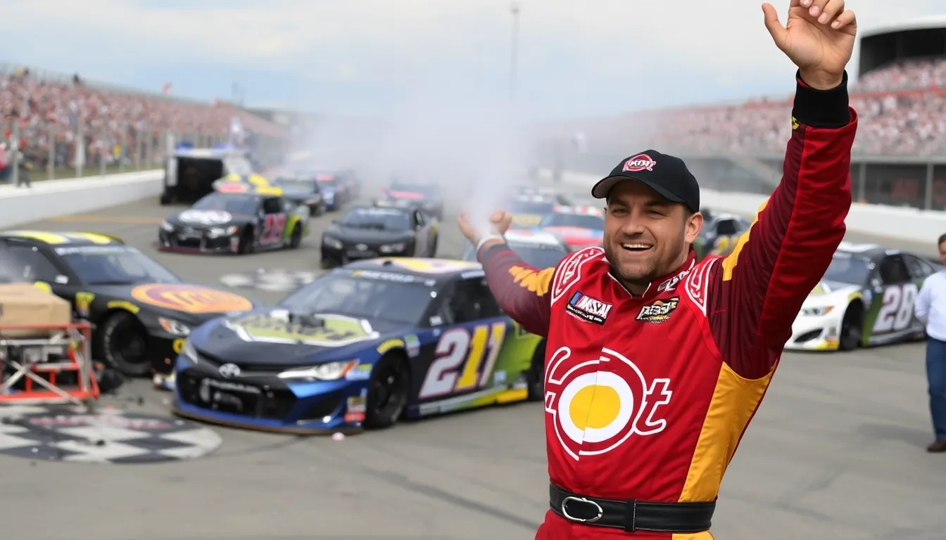 Corey Day celebrates in victory lane after winning the O'Reilly Auto Parts 300 at Talladega Superspeedway, surrounded by his team and fans cheering in excitement.
