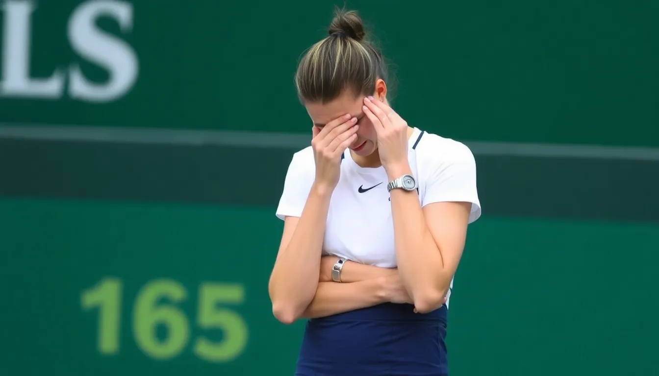 Emma Raducanu stands on the court with a concerned expression, holding her racket as she announces her withdrawal from the Madrid Open due to ongoing injury issues.