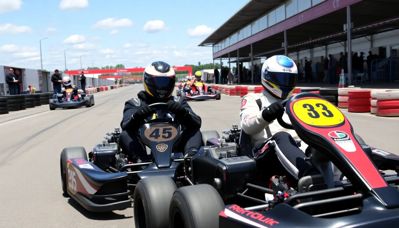 Lando Norris and Carlos Sainz stand side by side in racing suits, smiling and preparing for their karting challenge at the Karting Circuit in Valencia, surrounded by fans and colorful karts.