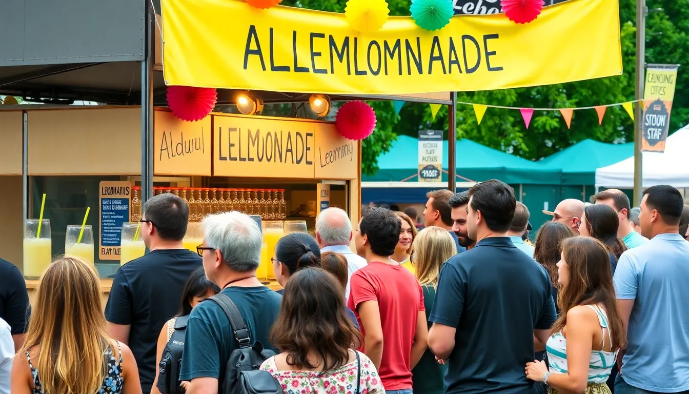 A large, colorful adult lemonade stand filled with various BuzzBallz flavors attracts a crowd at a summer festival, showcasing the brand's innovative approach to readytodrink alcoholic beverages.
