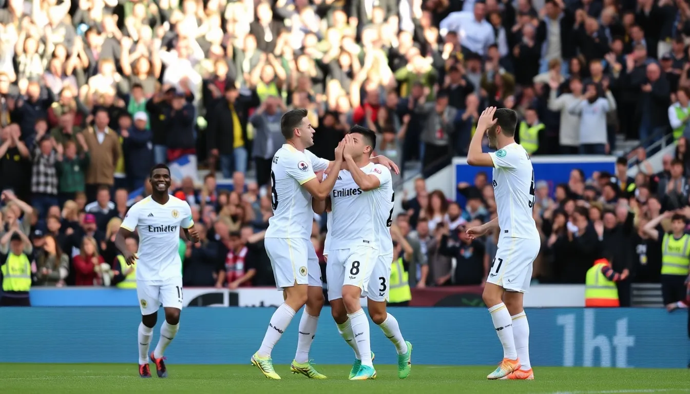 Leeds United players celebrate enthusiastically after winning the penalty shootout against West Ham United, securing their place in the FA Cup semifinals at Elland Road.