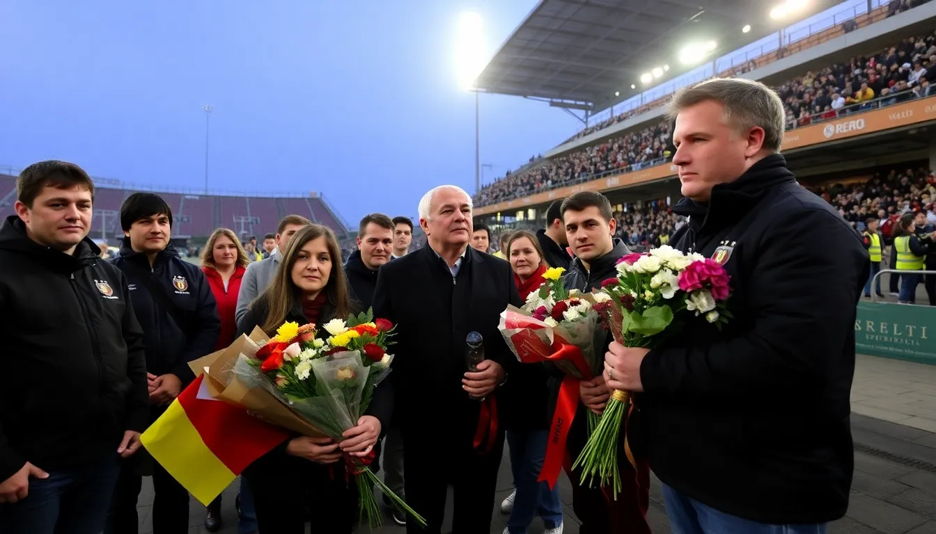 Former players and coaches sharing heartfelt memories of Lucescu at a memorial gathering, reflecting on his impact on their careers