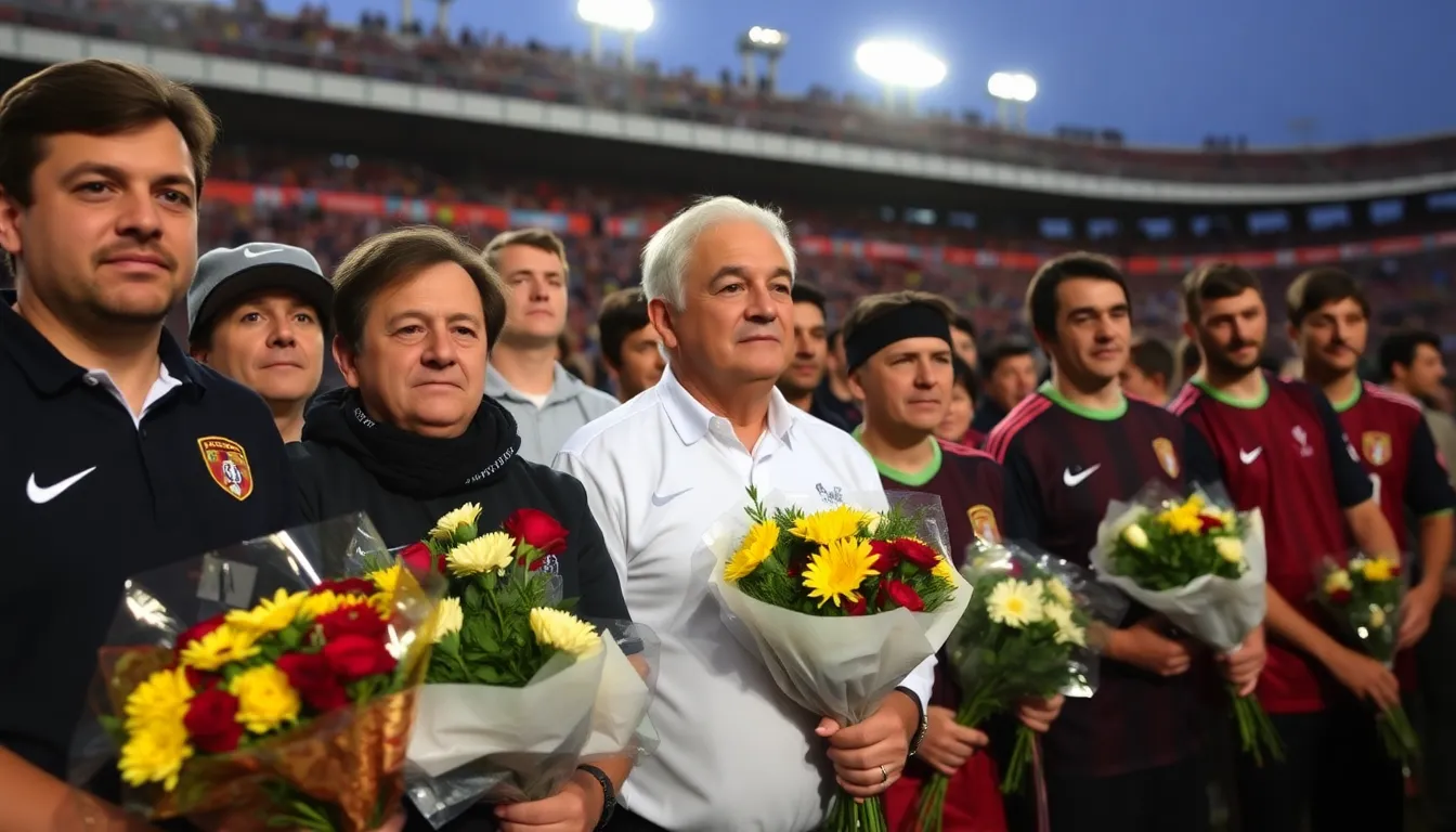 Fans gather outside a stadium holding candles and flowers in tribute to Mircea Lucescu following the news of his passing.
