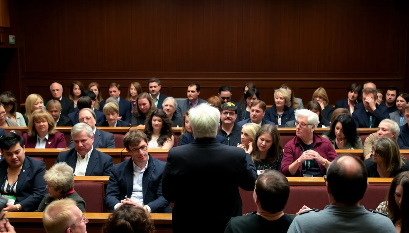 A courtroom scene capturing the intense atmosphere as industry experts testify about Live Nation's market influence and its effects on smaller competitors