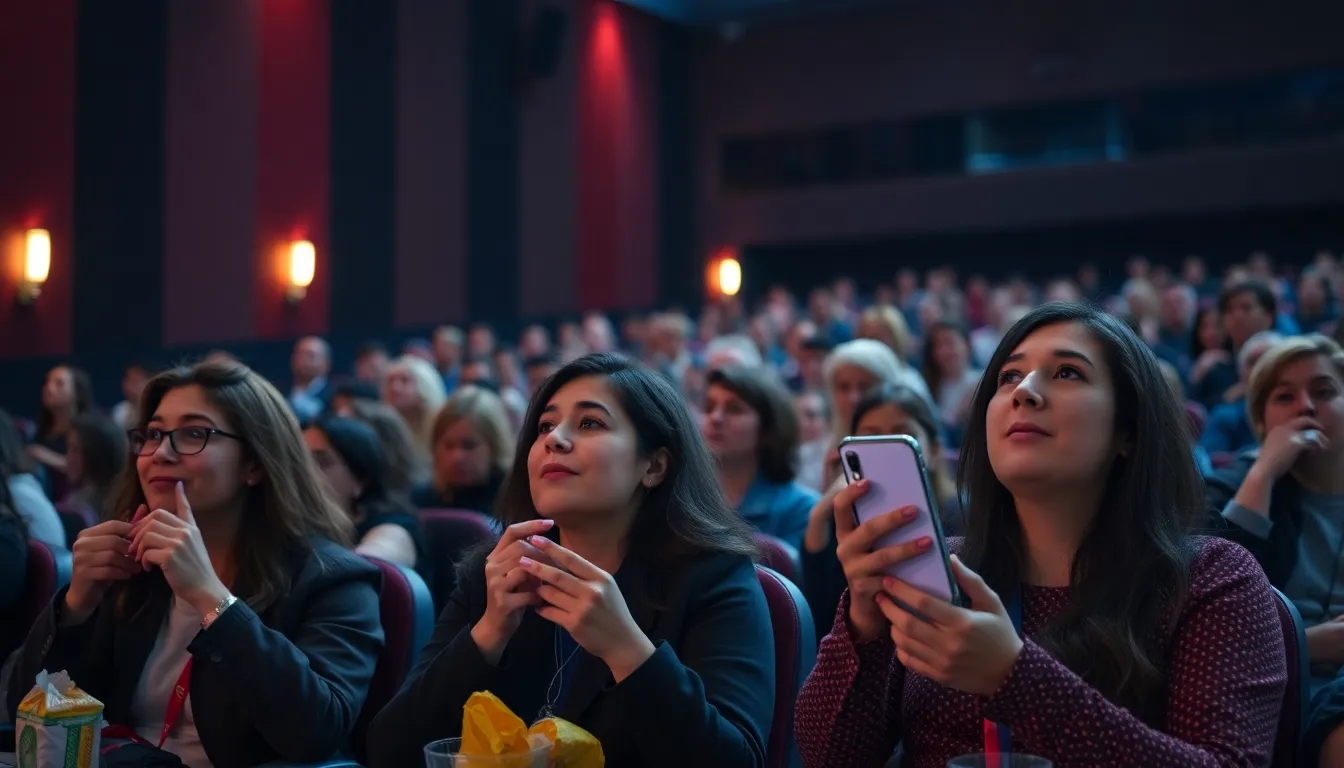 A group of friends enjoying popcorn loudly, creating a disruptive atmosphere during a film screening