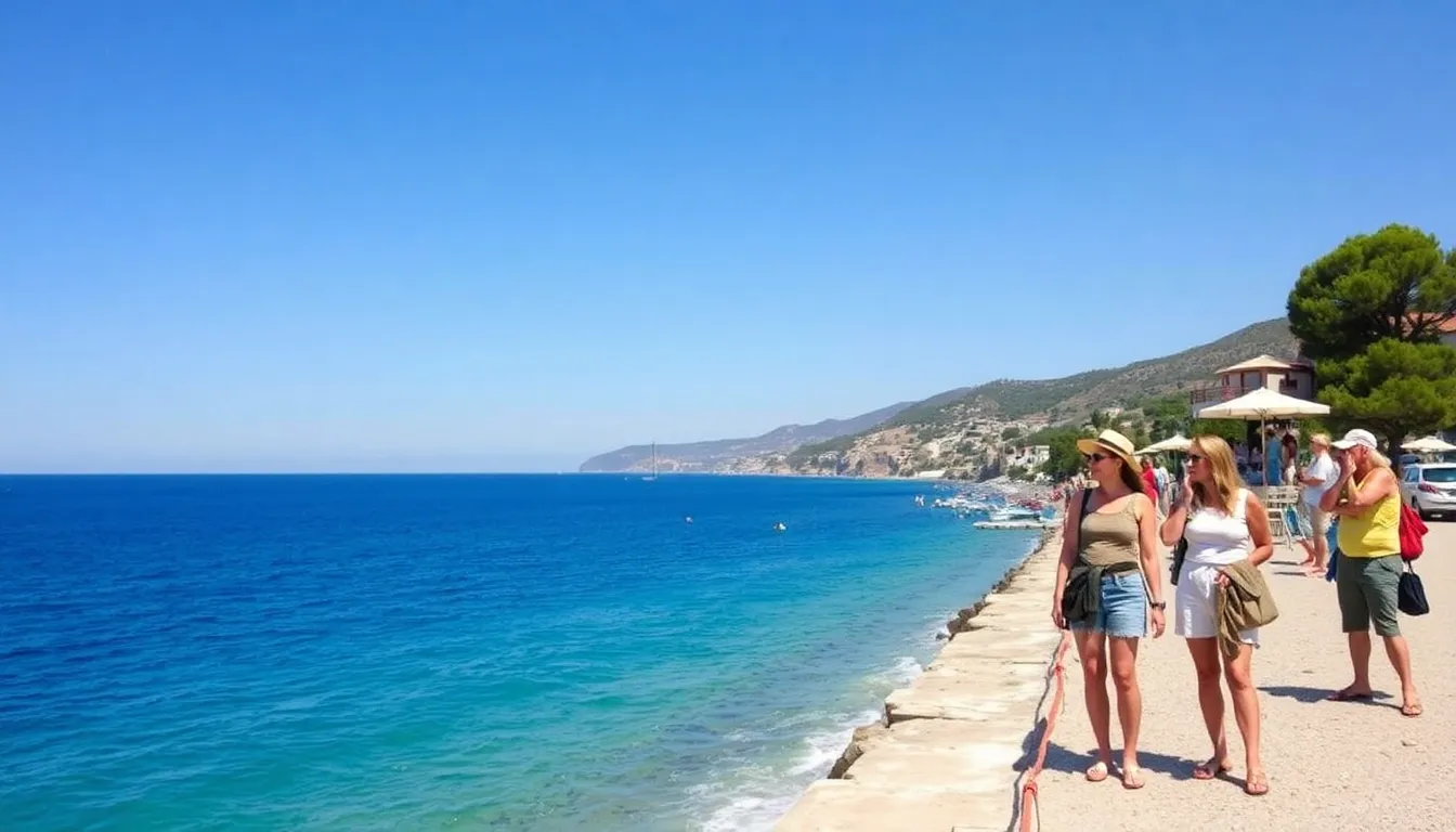 Tourists gather on a sunlit terrace overlooking the crystalclear waters of Skopelos, surrounded by lush greenery and traditional Greek architecture, as they explore the iconic filming locations of Mamma Mia.