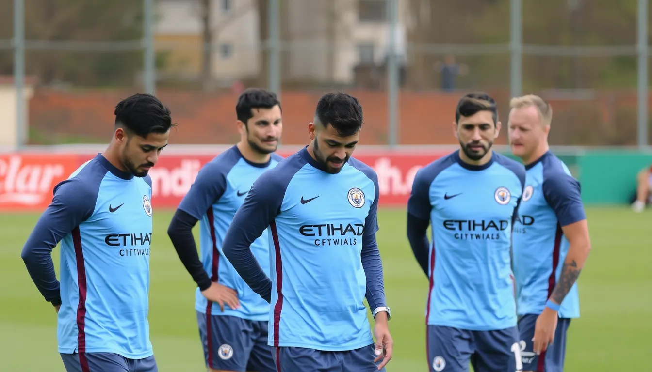 Manchester City players gather on the training pitch, looking fatigued as they prepare for a demanding schedule of upcoming matches amid concerns over fixture congestion.