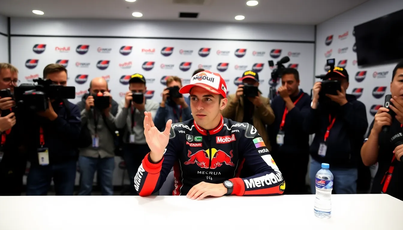 Marc Marquez stands beside his motorcycle in the pit lane, looking contemplative as he discusses his recent performance and doubts about his title chances during the 2023 MotoGP season.