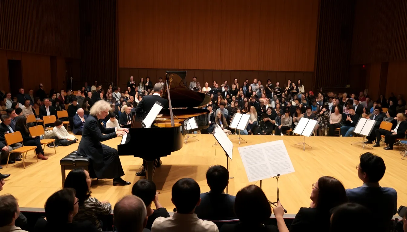 Martha Argerich and DongHyek Lim perform together on stage at the Concertgebouw in Amsterdam, captivating the audience with their dynamic musical exchange.