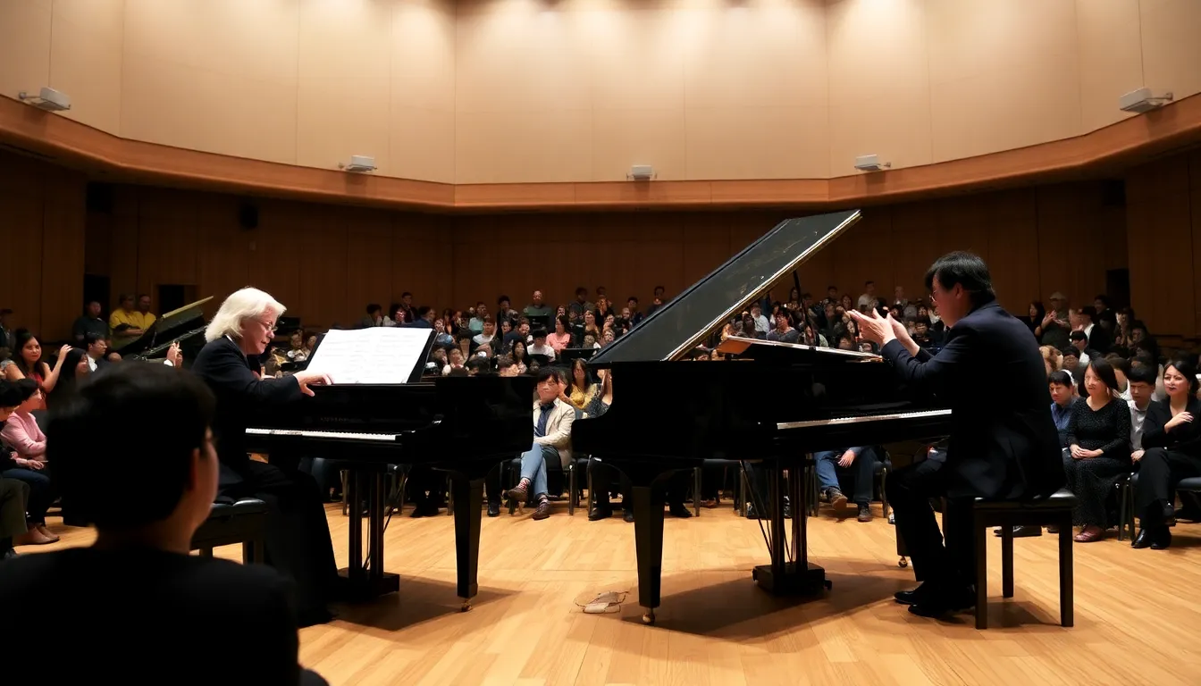 The audience is visibly engaged, reflecting the excitement and appreciation for the collaboration between the legendary pianist and her gifted mentee
