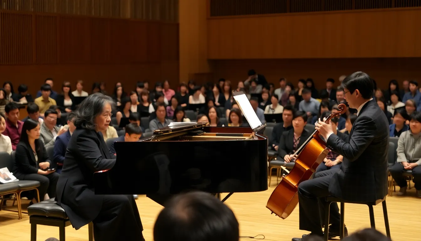A closeup of Argerich and Lim at the piano, showcasing their intense focus and deep musical connection during a powerful duet