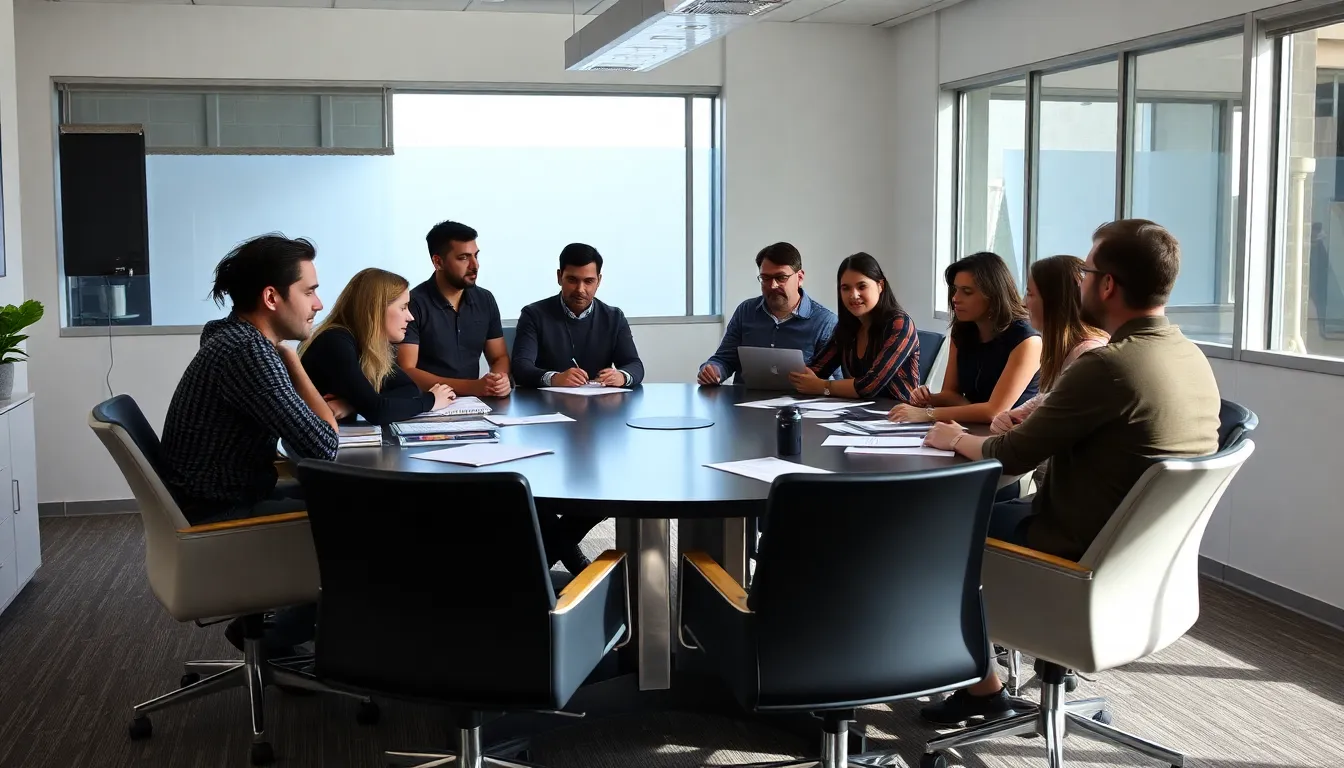 A group of writers and producers gather around a table, reviewing scripts and discussing revisions for the upcoming Mass Effect TV show to enhance its appeal to a wider audience.