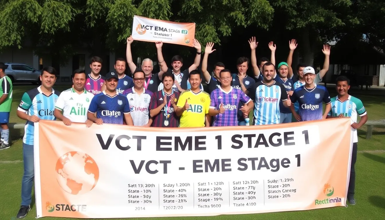 Teams from the EMEA region gather at a gaming venue, eagerly discussing strategies and preparing for the upcoming VCT EMEA Stage 1 tournament.