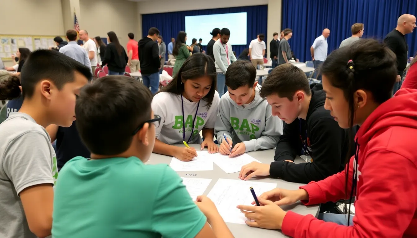A diverse group of participants, including students and educators, collaborates around a table covered with papers and laptops, deeply engaged in solving complex mathematical problems during a global challenge.