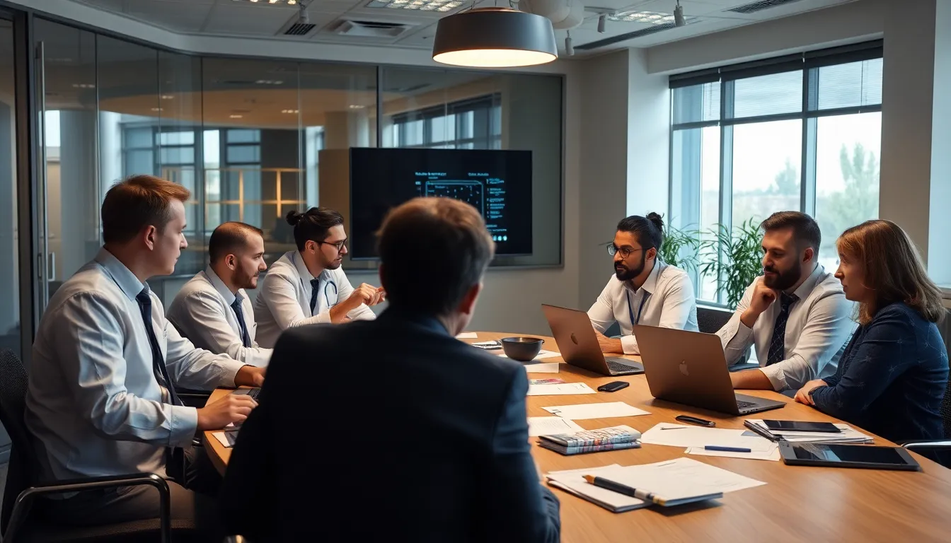 A diverse group of stakeholders, including technology companies and regulatory bodies, navigating the complexities of AI innovation and safety