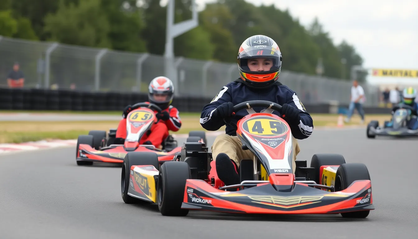A 16yearold karting champion stands proudly on the podium, celebrating his recent success at the FIA Karting European Championship, with a backdrop of cheering fans and fellow competitors.