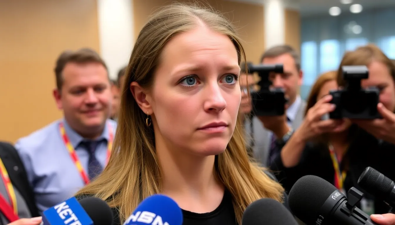 Marketa Vondrousova speaks to reporters outside a courthouse, surrounded by cameras and journalists, as she faces an antidoping charge related to her mental health struggles.