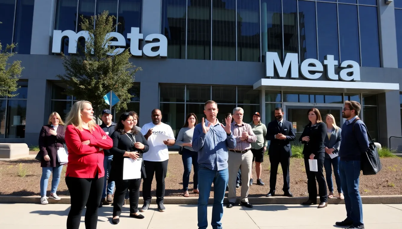 A group of employees at Meta's headquarters appears concerned as they gather in a meeting room to discuss the recent announcement of job cuts affecting 10% of the workforce.
