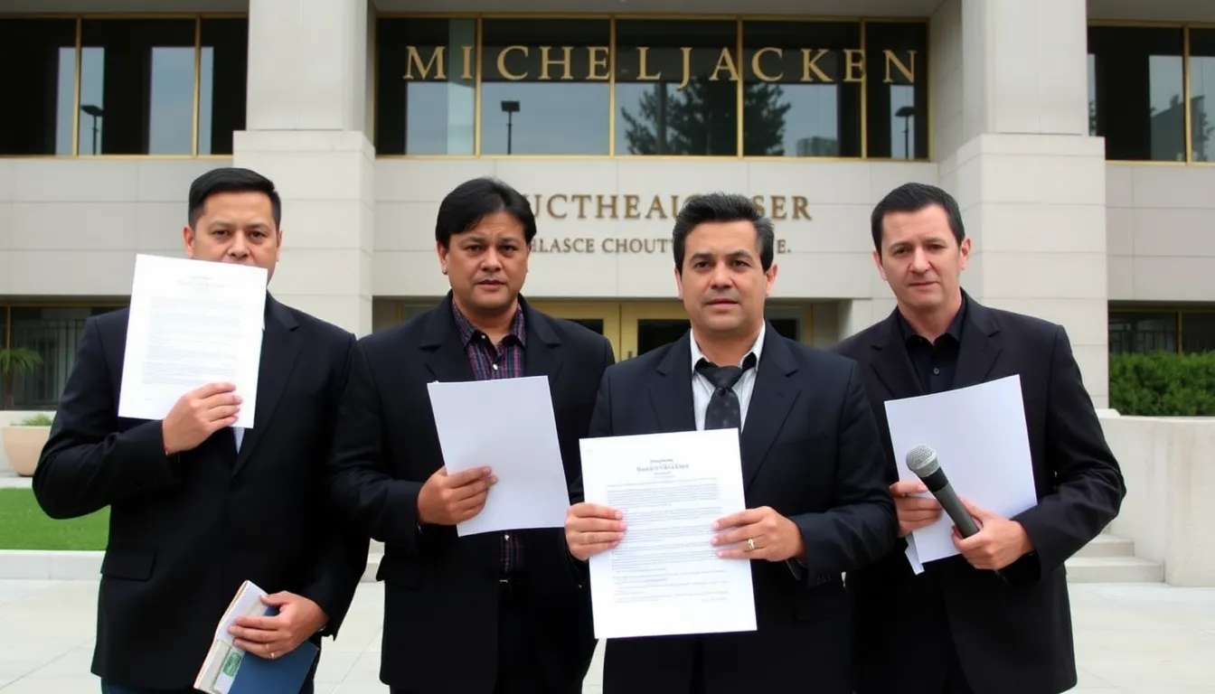 Four siblings stand outside a courthouse, holding hands and looking somber as they prepare to present their allegations against Michael Jackson's estate.