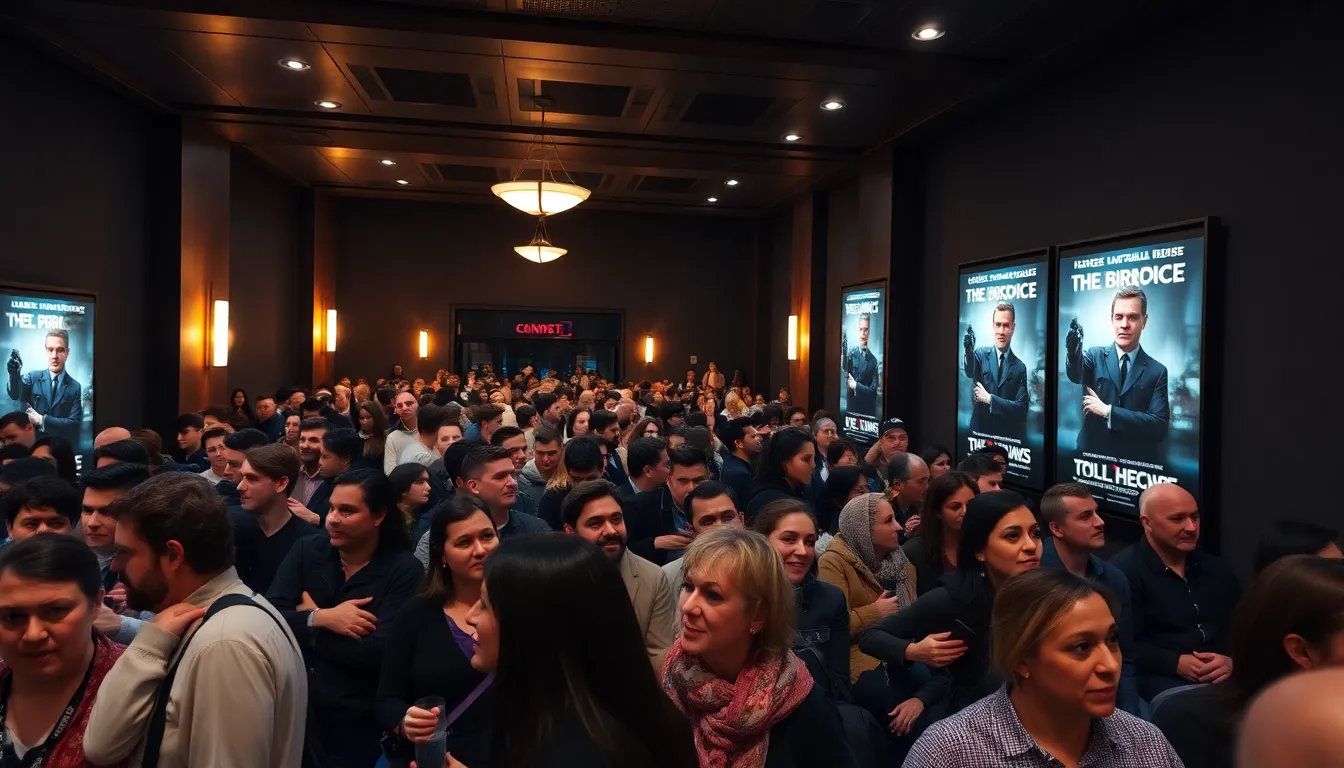 Fans gather outside a cinema eagerly awaiting the premiere of Michael's biopic, with promotional posters displayed prominently in the background.