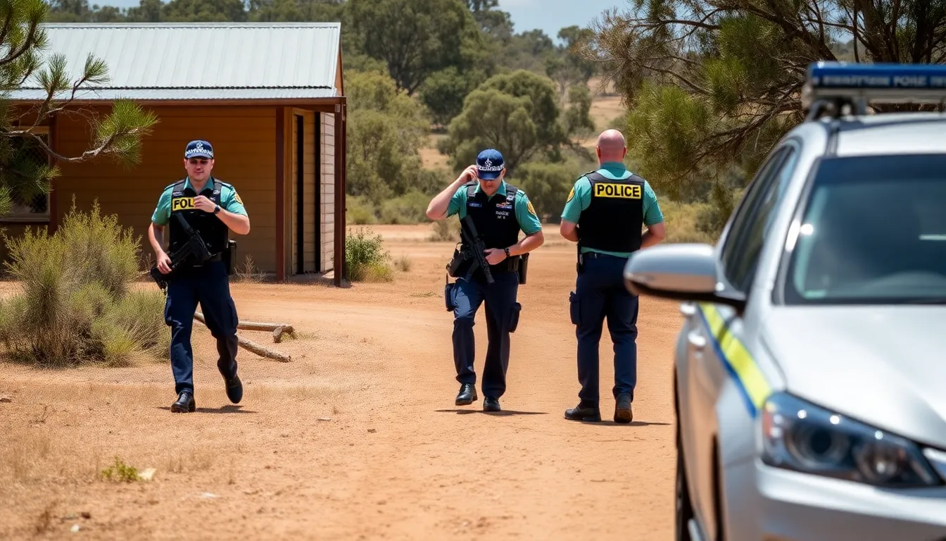 A group of police officers and volunteers search through a dense area of bushland in the Outback, looking for clues related to the disappearance of a 5yearold girl.