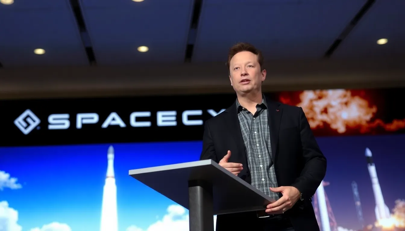 Elon Musk speaks to a group of reporters outside SpaceX headquarters, highlighting the company's new strategic goals as it approaches its initial public offering.