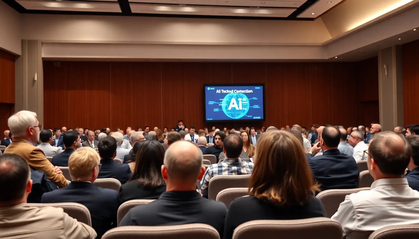 A diverse group of experts engages in a panel discussion about the ethical implications and societal impacts of the new AI model, with a backdrop of concerned audience members.