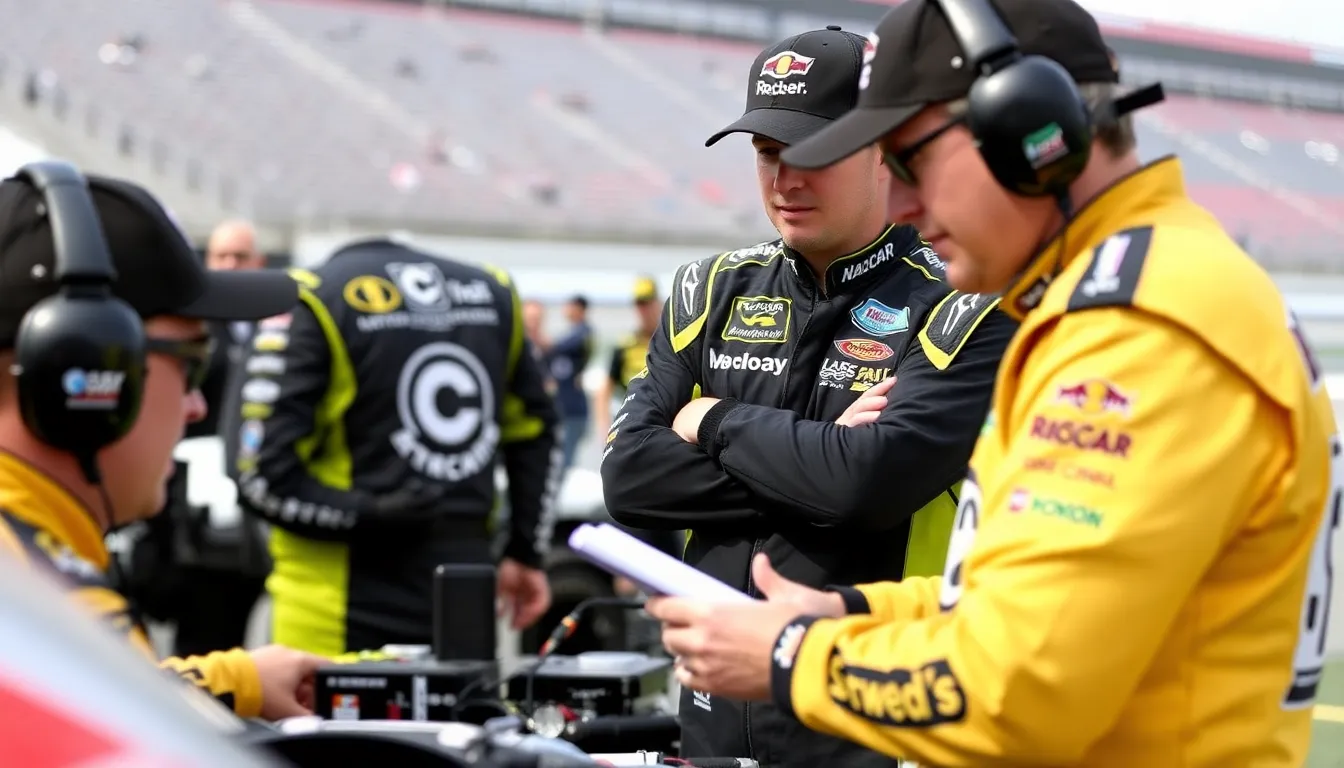 Drivers compete closely on the track during a NASCAR race, with cars jostling for position as they approach a turn at Talladega.