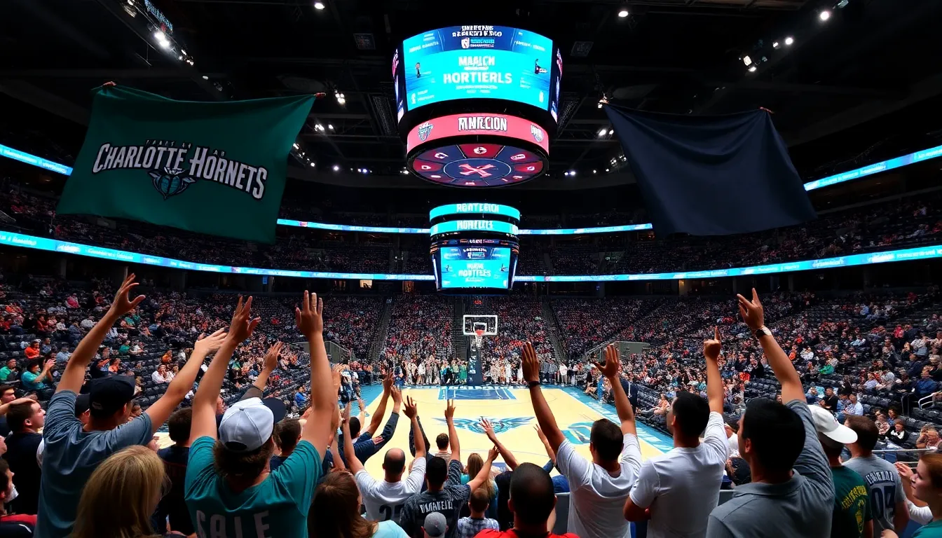 Fans gather in a packed arena, eagerly watching the Charlotte Hornets face off against the Minnesota Timberwolves during a tense NBA game.