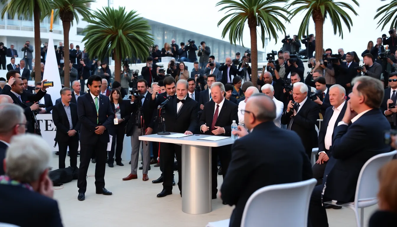 A crowd gathers at the Cannes Film Festival, eagerly discussing the Nepalese thriller "Elephants in the Fog" as its stars walk the red carpet.