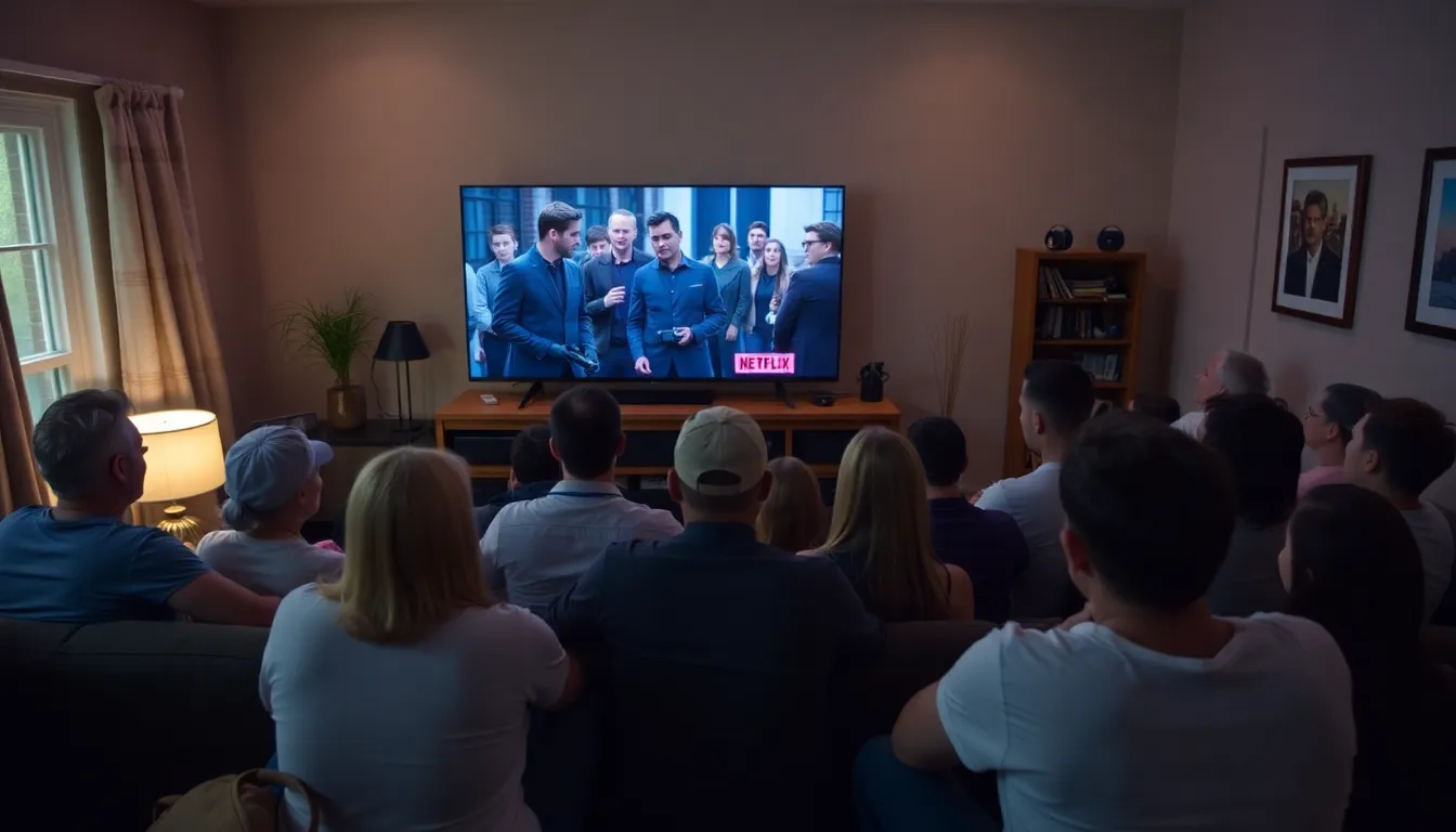 A group of fans gathers at a café, discussing their favorite moments from the crimethriller series set to leave Netflix, with some holding their devices displaying the show's promotional material.