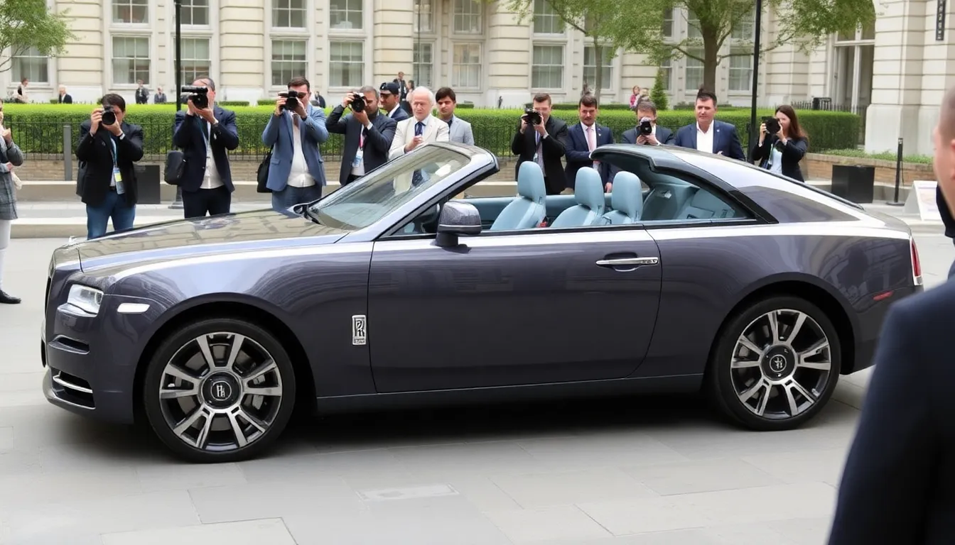 The sleek new twoseater electric car from RollsRoyce is showcased at an event, highlighting its luxurious design and advanced technology.