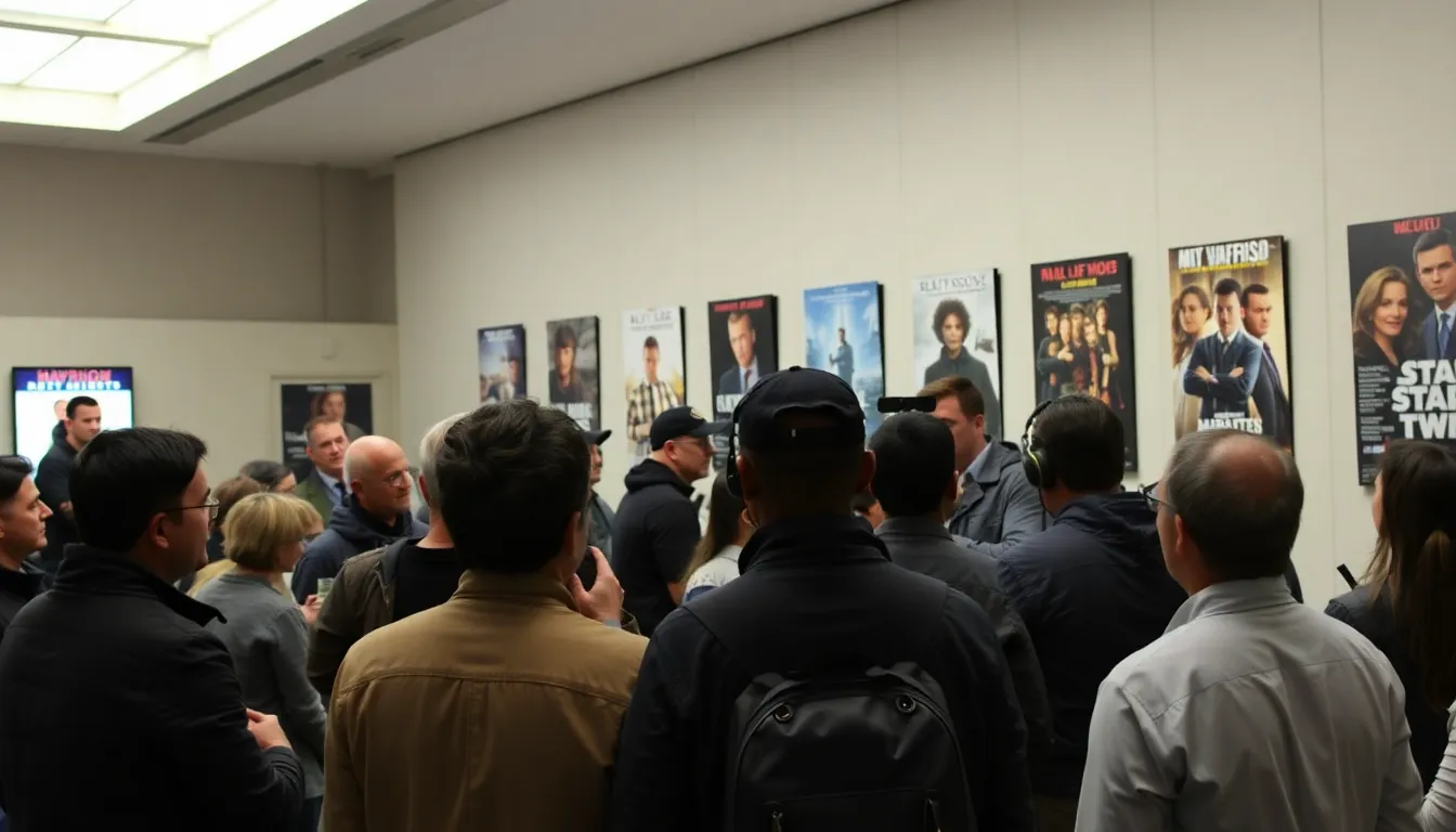 A crowded theater buzzes with excitement as moviegoers eagerly await the premiere of new films, with posters of the latest releases prominently displayed in the lobby.