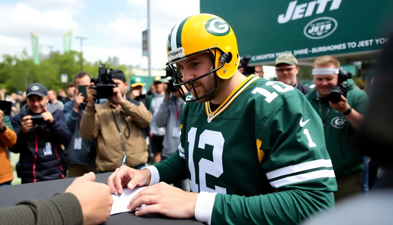 Fans gather outside an NFL stadium, eagerly discussing recent player signings and trades as they anticipate the upcoming season.