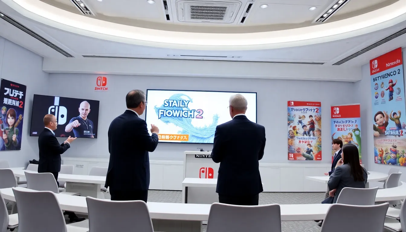 A group of gamers eagerly discusses the upcoming Nintendo Switch 2 while examining a display showcasing digital game pricing strategies at a gaming convention.