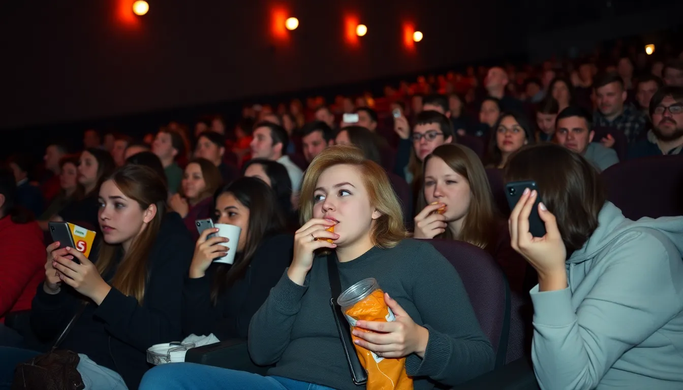 A crowded cinema shows frustrated moviegoers reacting to loud eating and bright phone screens during a film screening.