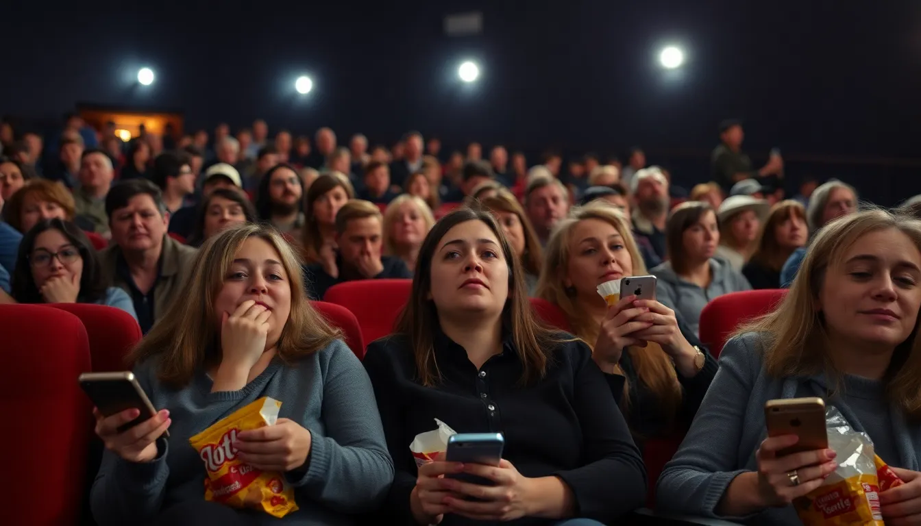A concerned audience member glancing disapprovingly at someone using their phone in the middle of an intense movie scene