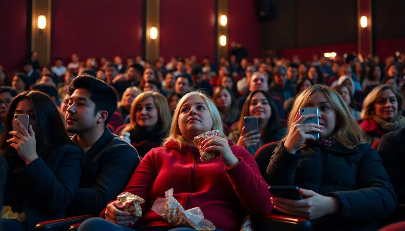 A cinema lobby bustling with patrons, highlighting the challenge of maintaining a distractionfree environment amidst rising ticket prices and technology use