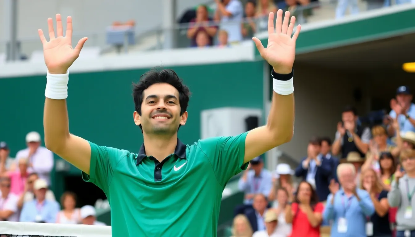 Cameron Norrie celebrates his victory at the Monte Carlo Masters, raising his arms in triumph as fans cheer in the background.