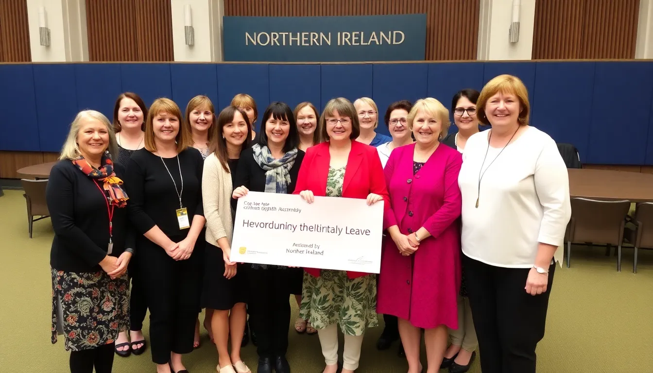 A group of women in Northern Ireland joyfully gather to celebrate the recent introduction of a miscarriage leave policy, holding banners that advocate for workplace rights and emotional support.