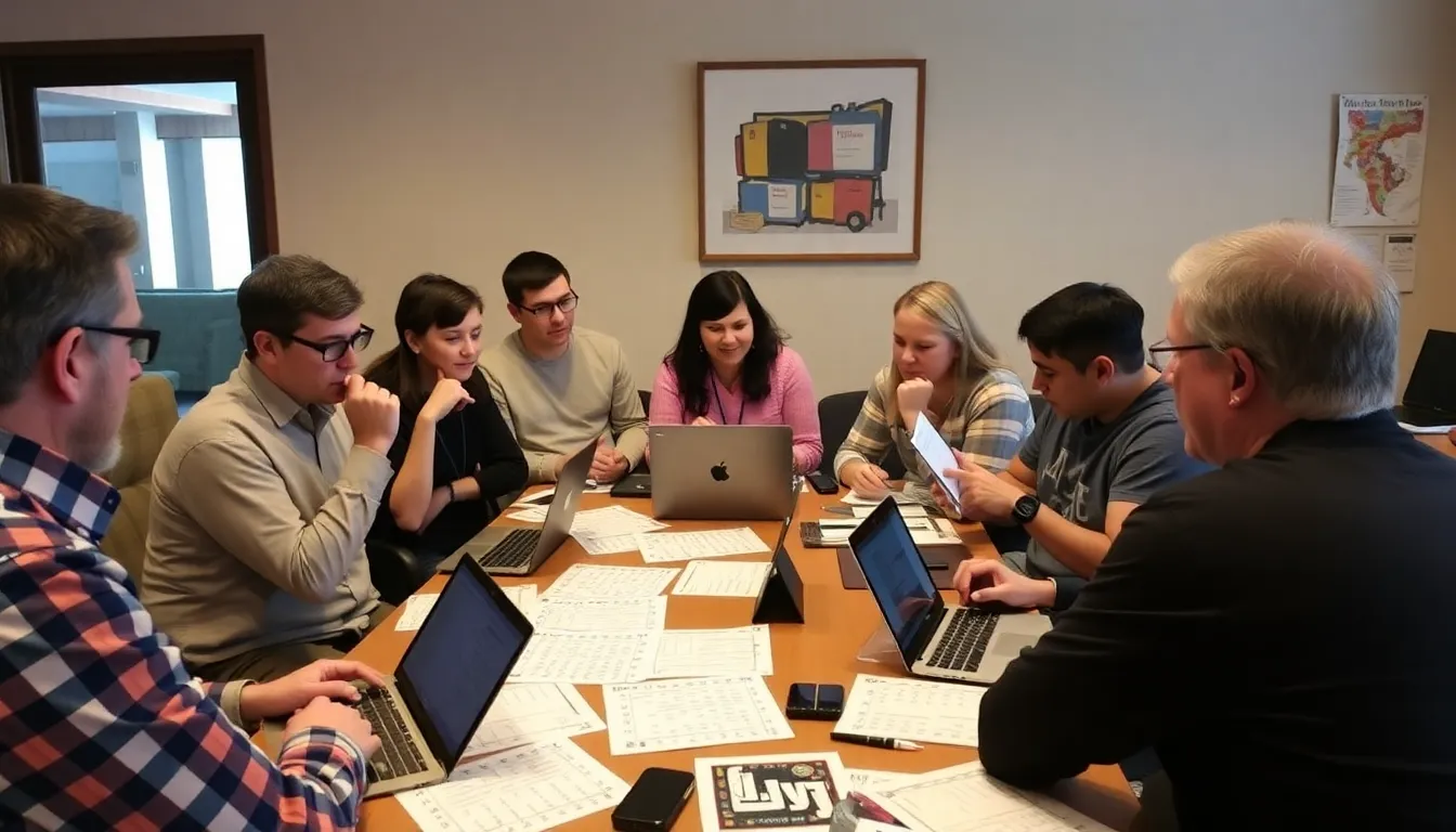 A group of crossword enthusiasts gathers around a table, intently discussing strategies and sharing hints as they work on the latest New York Times Strands puzzle.