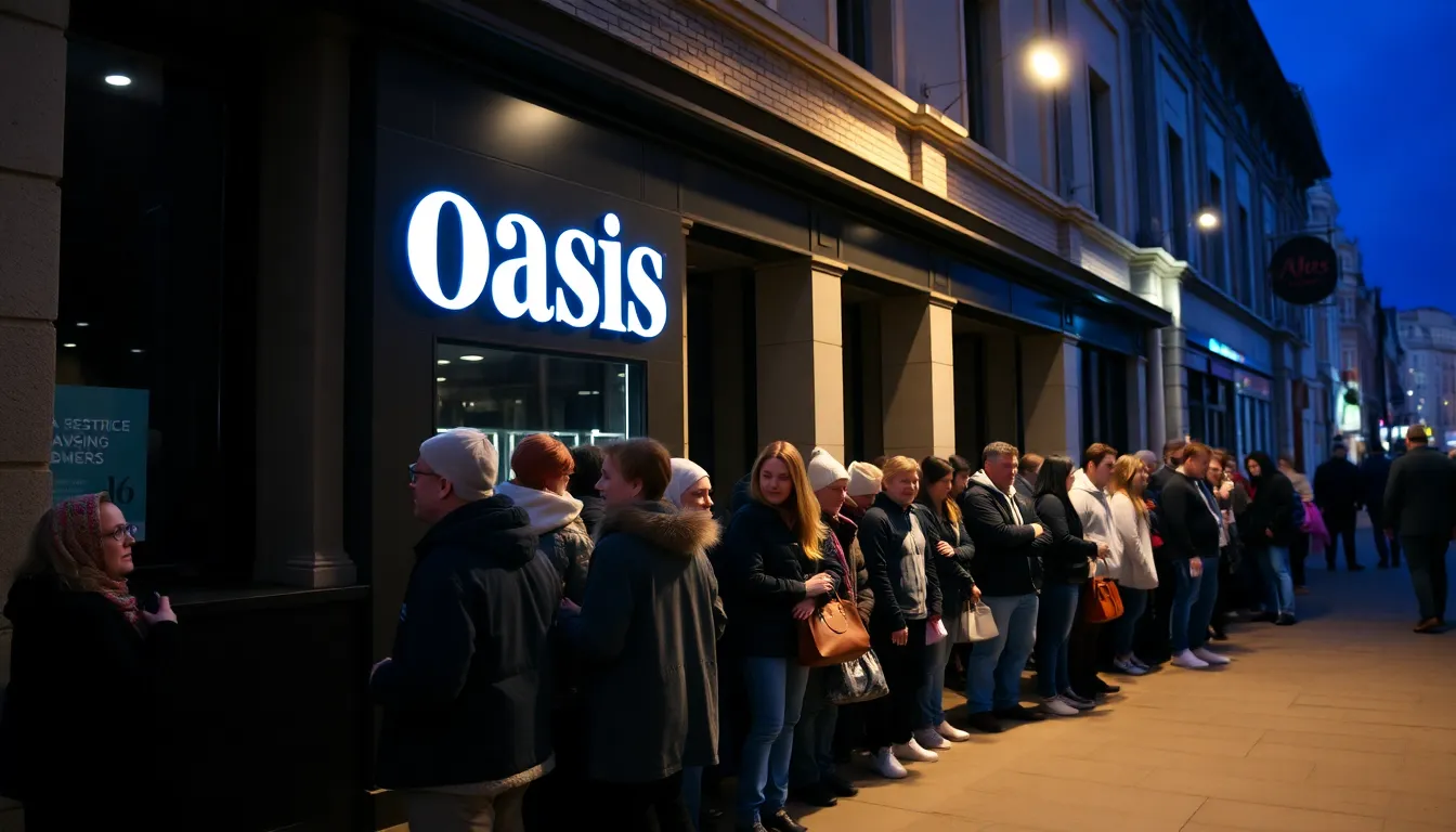 Fans eagerly browse through a vibrant display of Oasis merchandise at a popup shop, showcasing clothing, collectibles, and memorabilia that celebrate the band's enduring legacy.