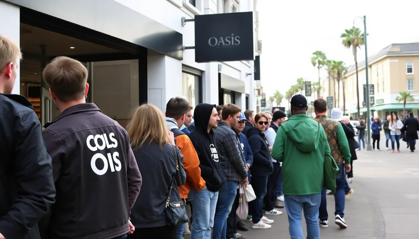 A bustling scene at a local retail store filled with fans eagerly browsing through various Oasis products, highlighting the community's excitement surrounding the merchandise campaign