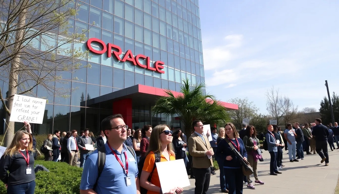 Oracle employees gather in a conference room as company executives announce significant job cuts and a strategic shift towards increased investment in artificial intelligence.