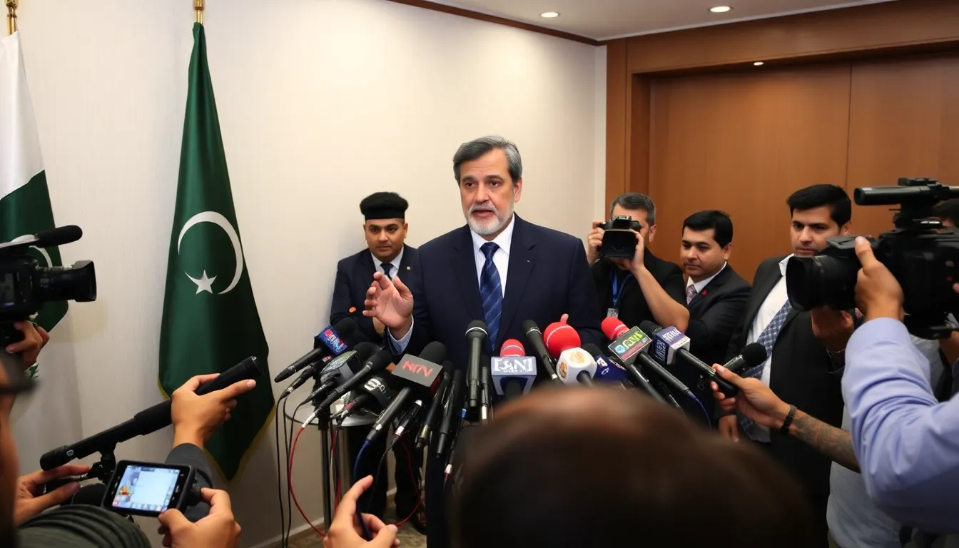Pakistani Prime Minister Shehbaz Sharif delivering a speech advocating for peace and mediation efforts in the region