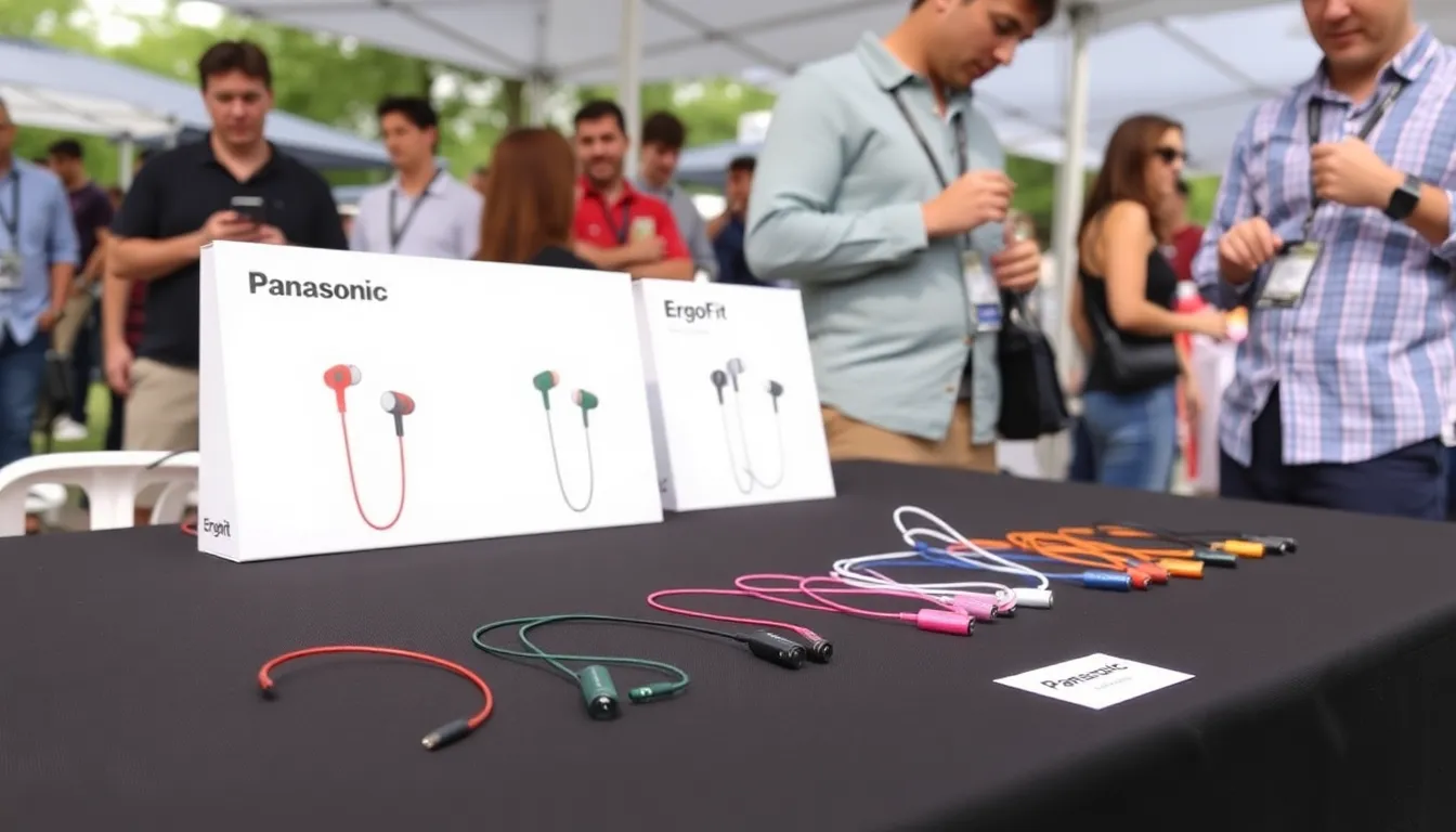 A group of young adults tests Panasonic's new ErgoFit USBC wired earbuds in a lively electronics store, showcasing their sleek design and vibrant colors.