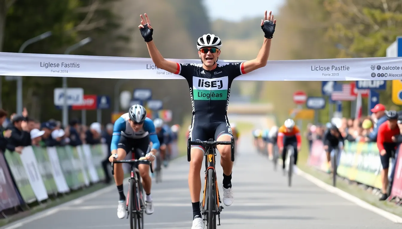 Tadej Pogacar celebrates his victory at the finish line of the LiègeBastogneLiège race, surrounded by cheering fans and fellow competitors.