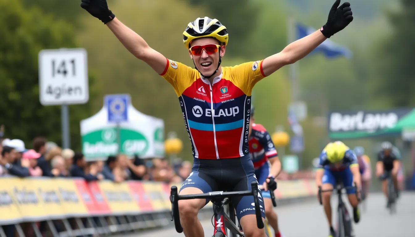 The young French cyclist Martinez showcasing his determination as he finishes just seconds behind Pogacar, marking a significant milestone in his career