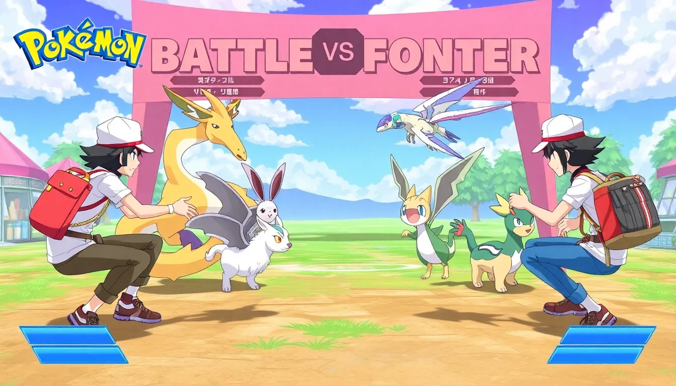 A group of enthusiastic Pokémon trainers gathers around a large screen displaying live tournament matches from the newly introduced Battle Frontier, showcasing intense competition and strategic gameplay.